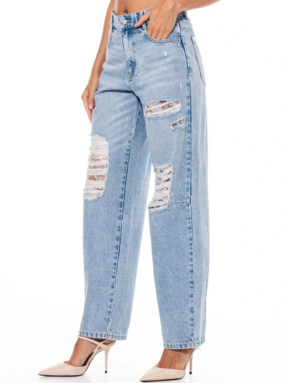 Lace Detail Vintage Wash Distressed Wide Leg Denim Jeans